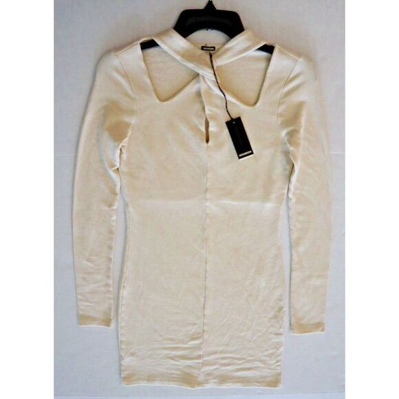 Monrow Women's Sz S Beige/Cream Twisty Neck Cutout Detail L/S Mini Dress - Picture 6 of 7